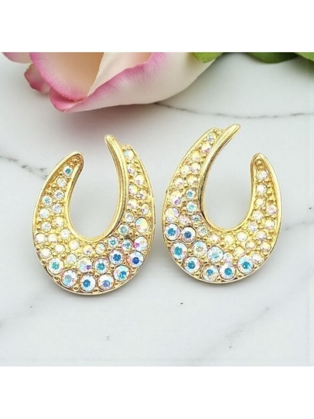Swarovski Aurora Borealis Crystal Gold-Tone Crescent Earrings  EUC